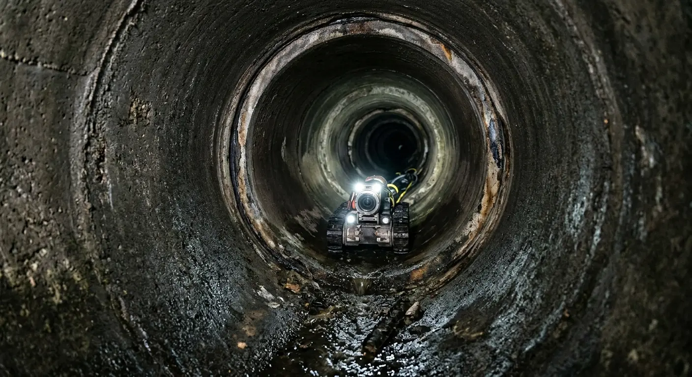 Robotic sewer camera inspecting pipe interior for Sewer Line Cleaning in Dexter