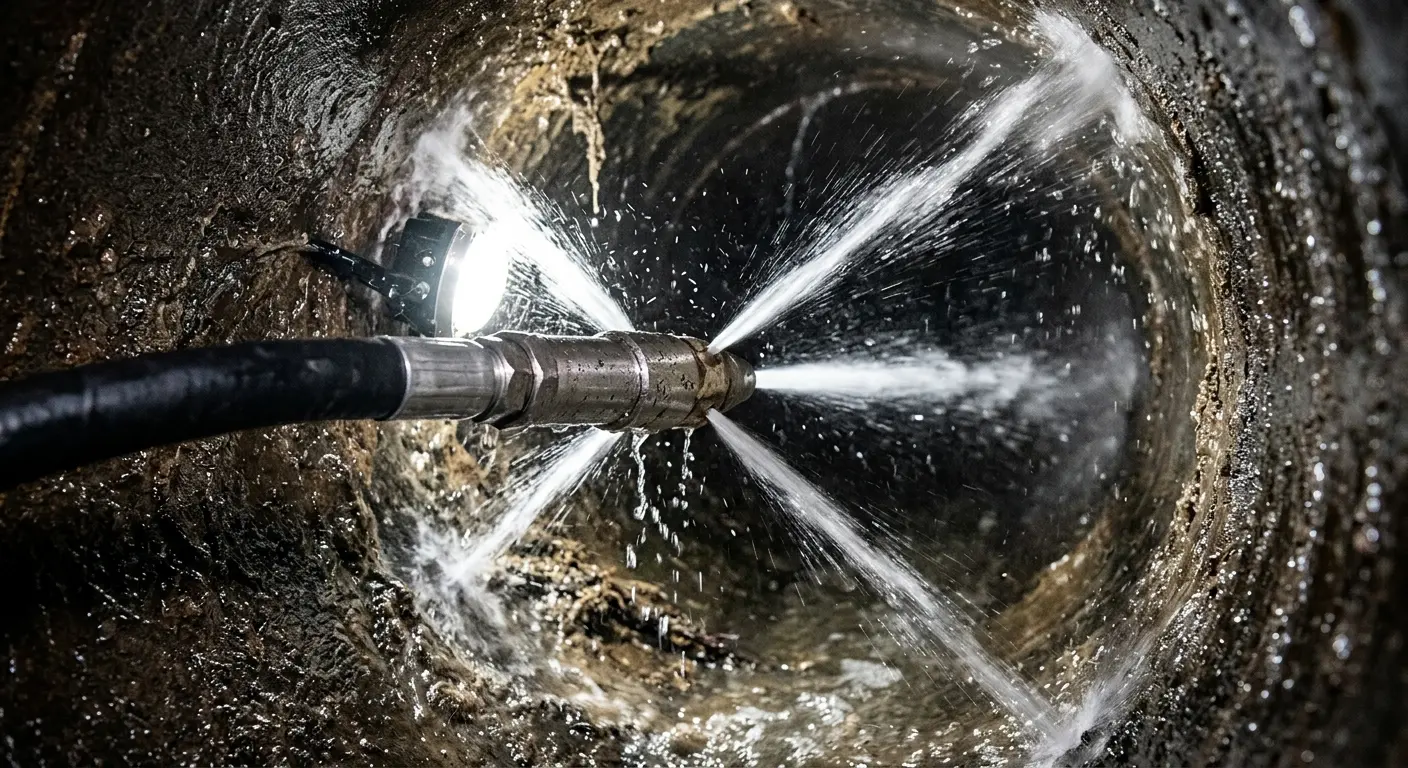 High-pressure hydro jetting nozzle cleaning sewer pipe for Emergency Drain Service in Dexter