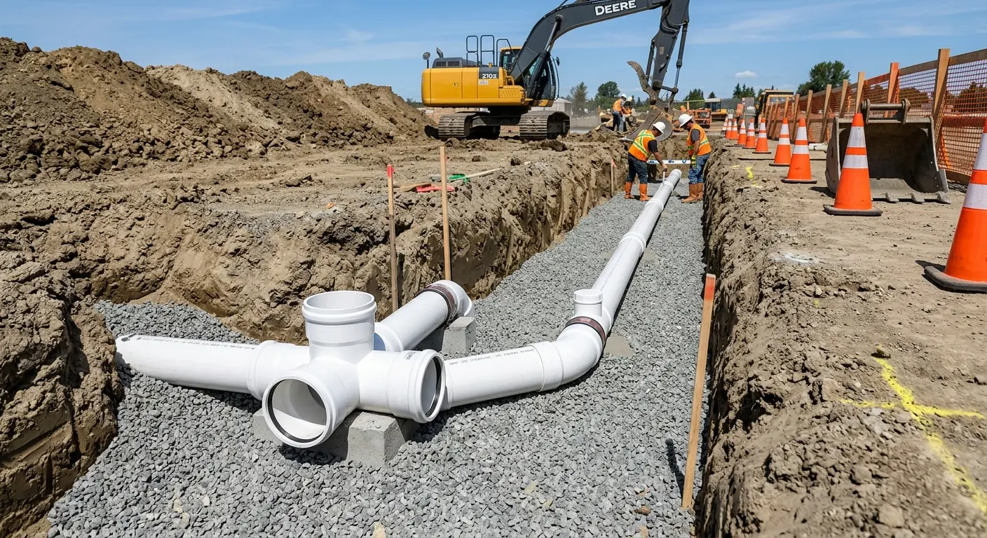 New PVC sewer pipe installation in open trench for Commercial Drain Cleaning in Dexter