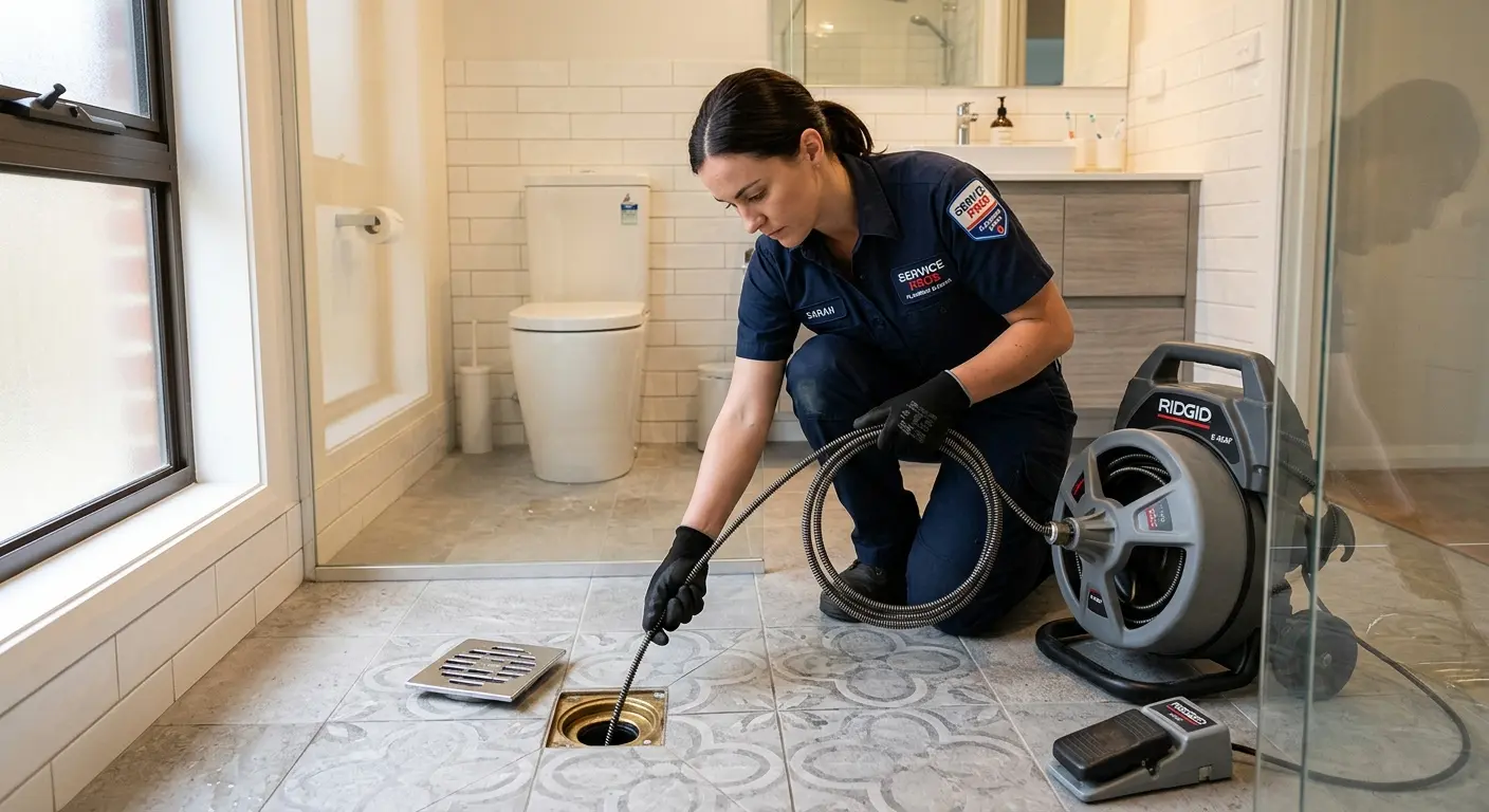 Technician clearing a bathroom floor drain for Clogged Drain Repair in Dexter